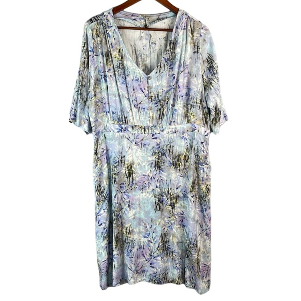Blue Sky Blue Linen Bamboo Loose Midi Dress Bamboo Floral Print Short Sleeve XL